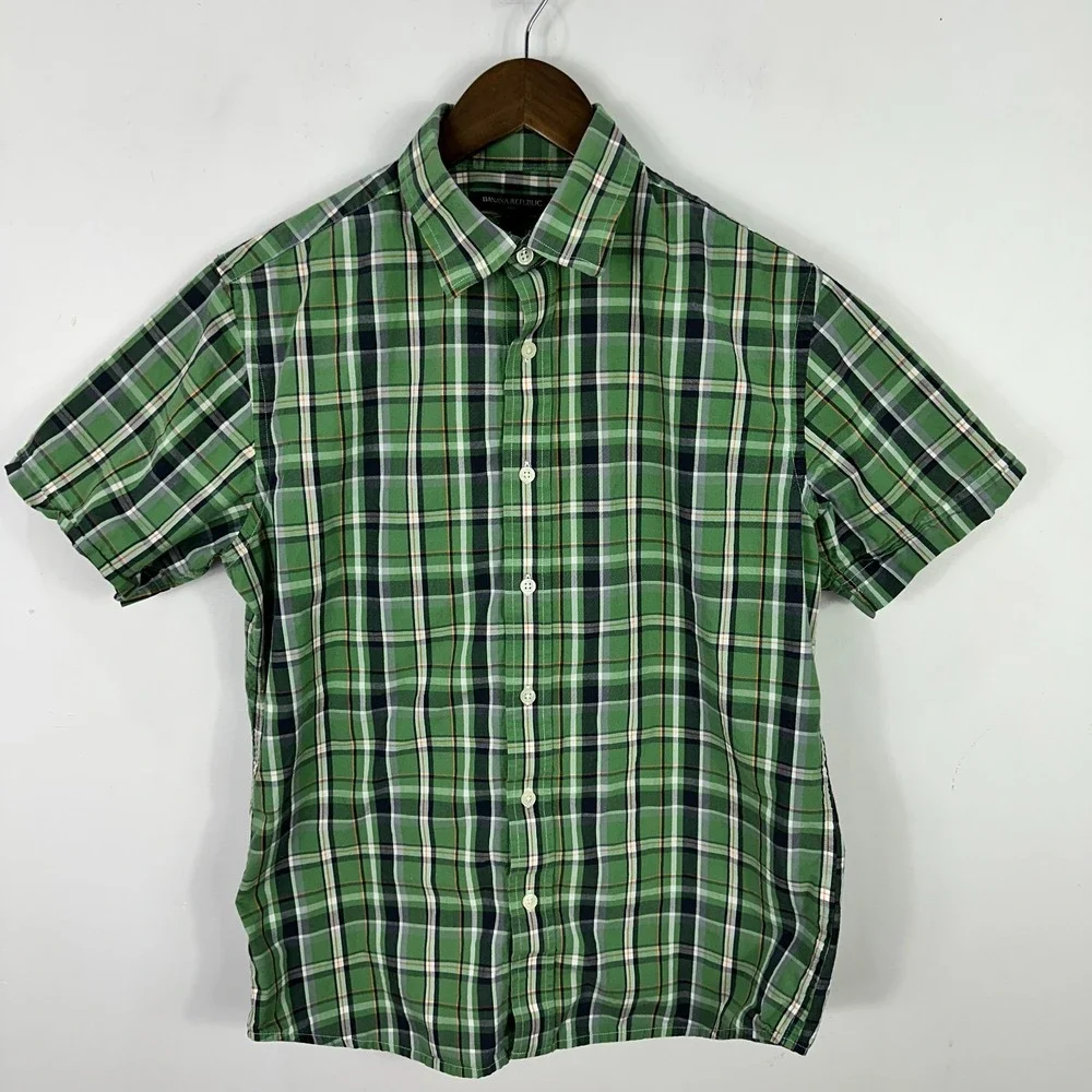 Banana Republic Button Up Shirt Mens Small‎ Green Plaid Cotton Preppy Academia